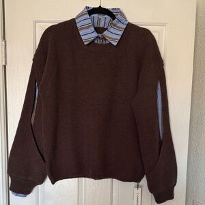 NWT Ladies Brown Crewneck Sweater with built in collared shirt